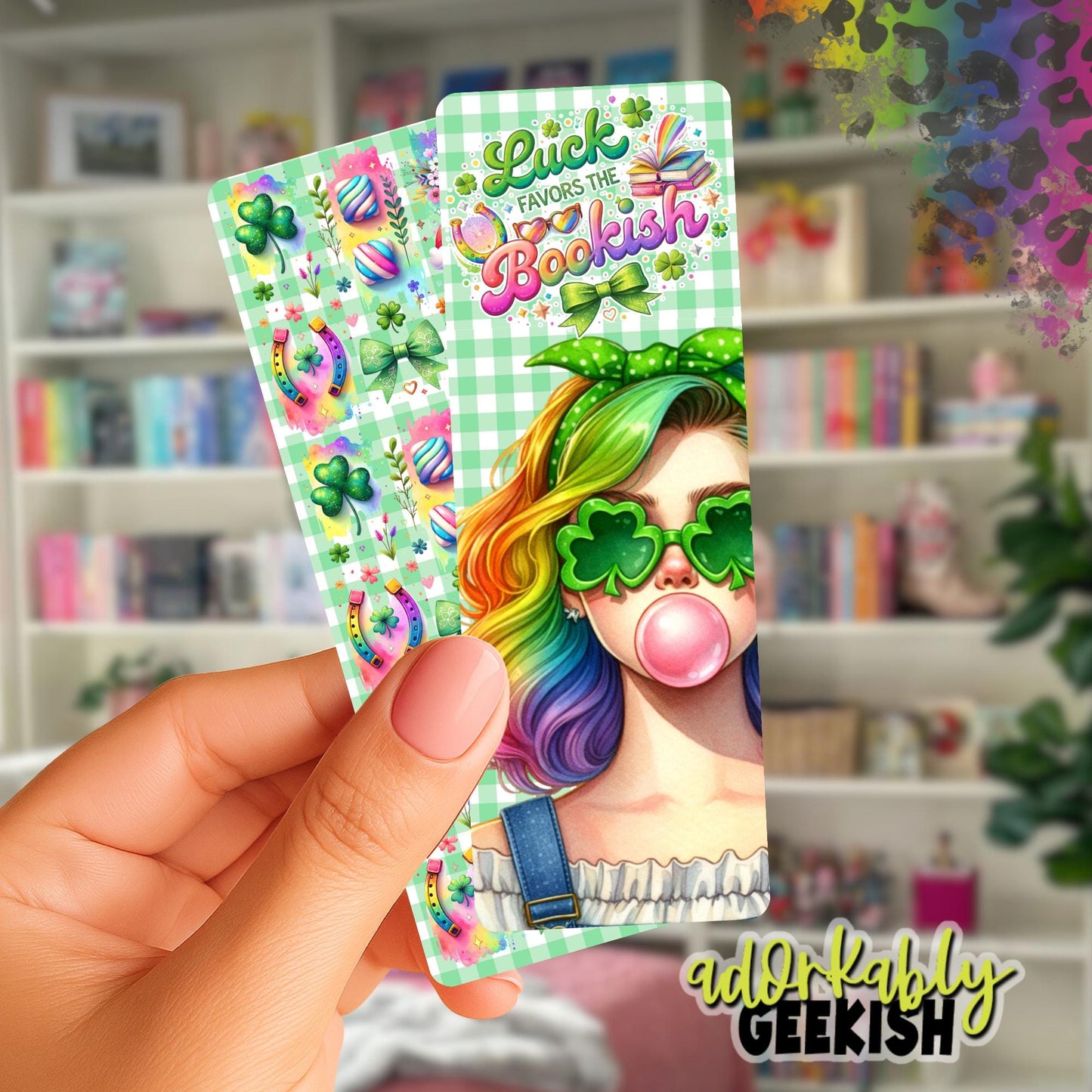 Bookish Bookmark, St. Patrick's Day Reading Accessory, Rainbow Hair Girl, Double Sided (2x6)