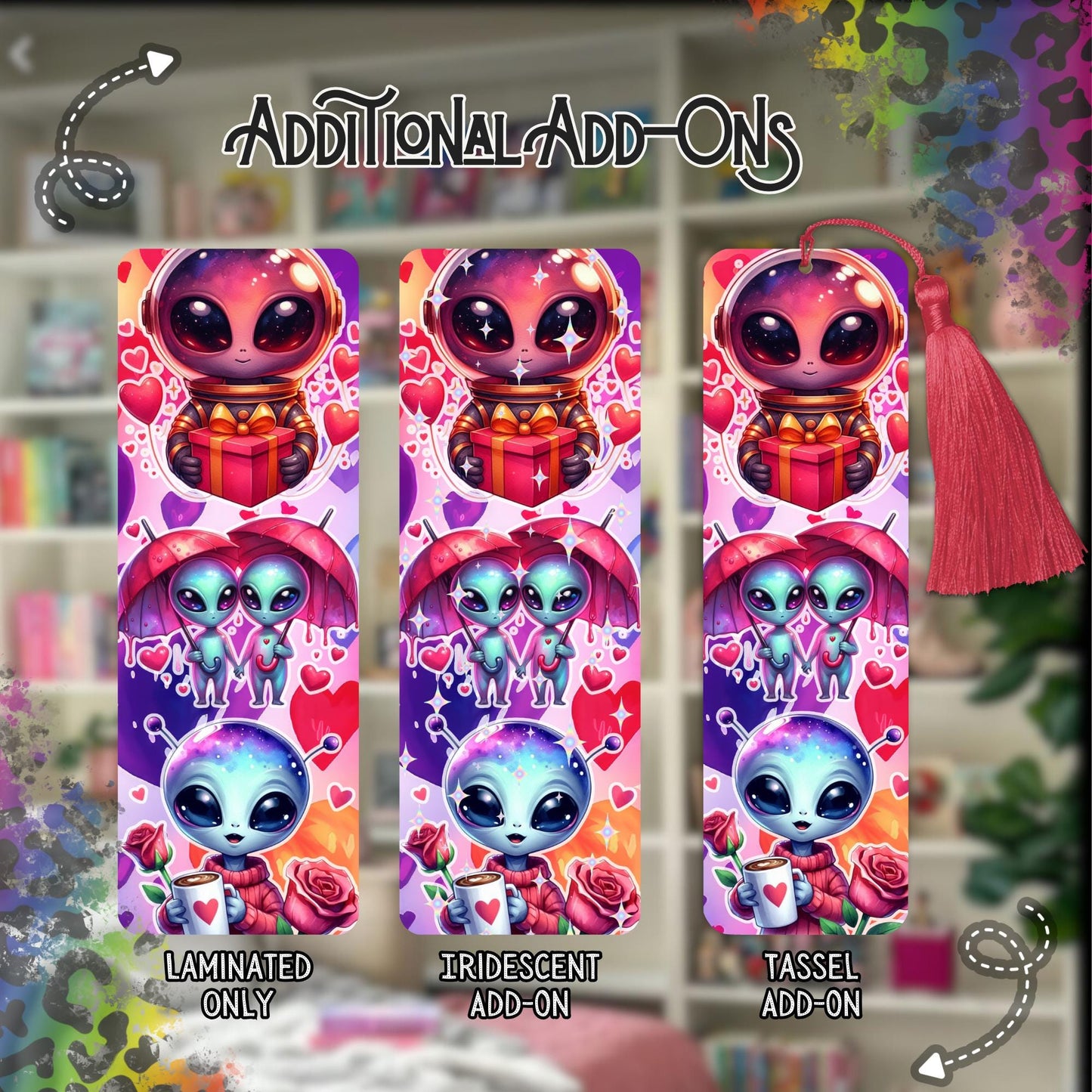 Alien Love Bookmark, Reading Accessory, 2x6 Double Sided Bookmark with Tassel