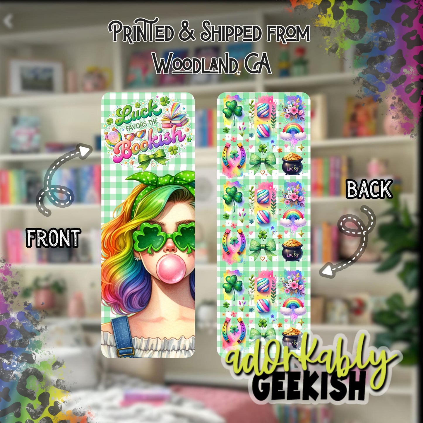 Bookish Bookmark, St. Patrick's Day Reading Accessory, Rainbow Hair Girl, Double Sided (2x6)