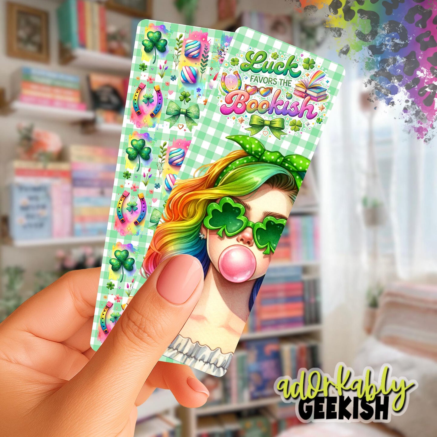 Bookish Bookmark, St. Patrick's Day Reading Accessory, Rainbow Hair Girl, Double Sided (2x6)