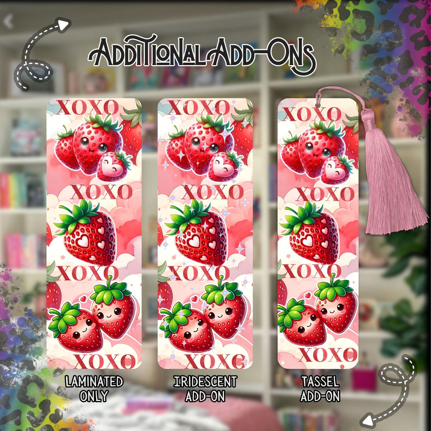 Strawberry Love Bookmark, Reading Accessory, 2x6 Double Sided Bookmark with Tassel