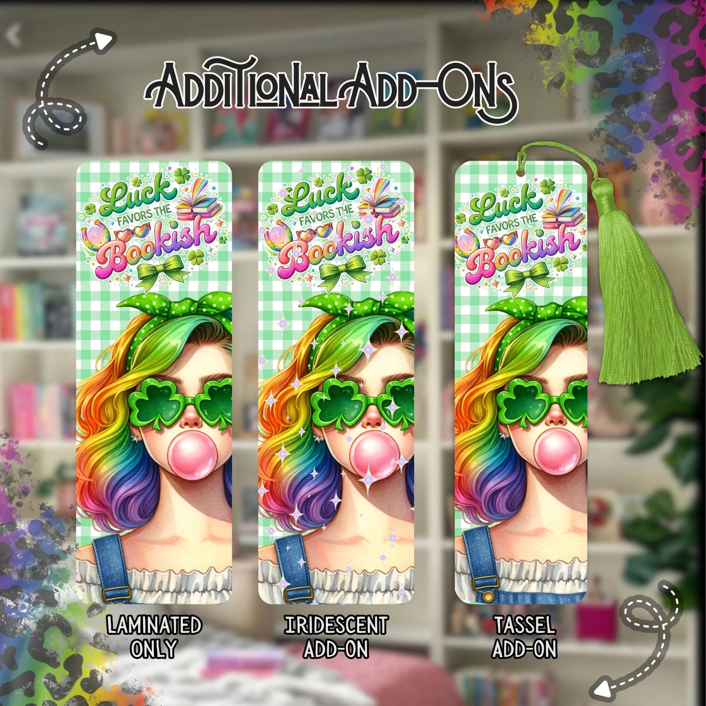 Bookish Bookmark, St. Patrick's Day Reading Accessory, Rainbow Hair Girl, Double Sided (2x6)