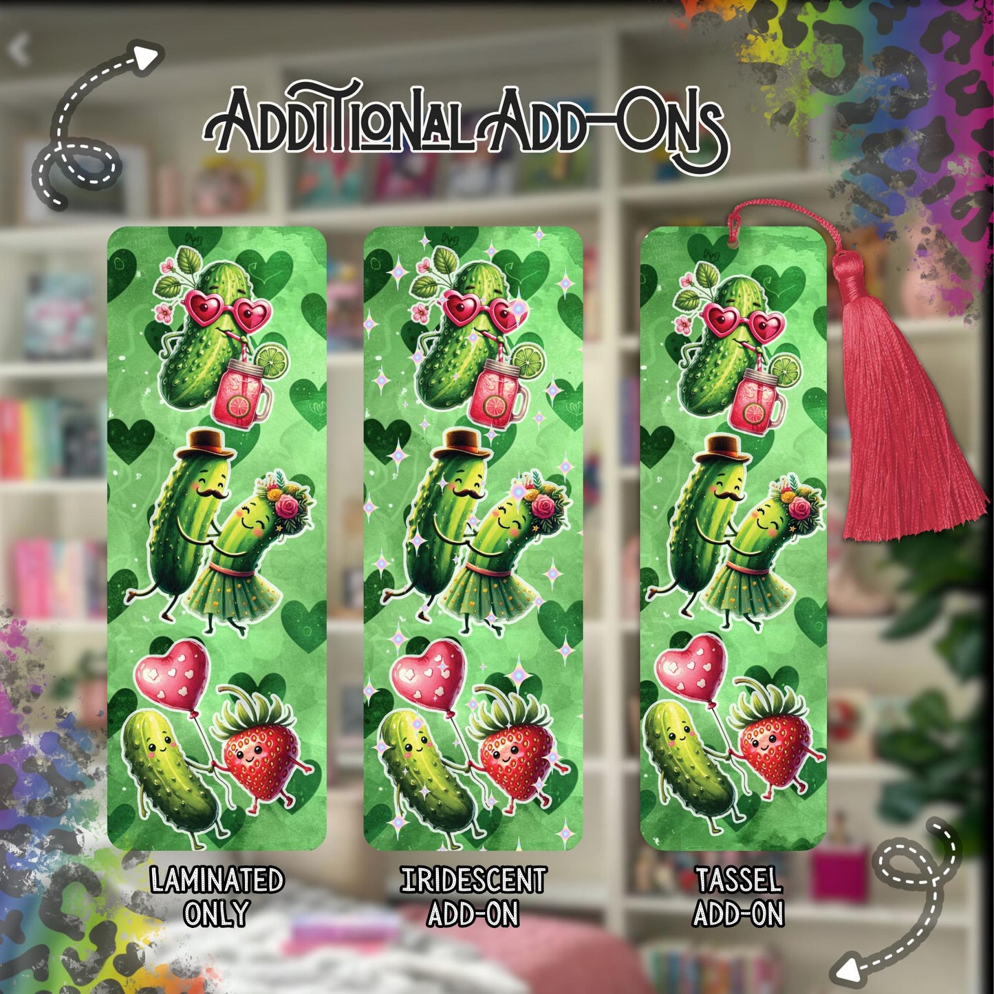 Pickle Love Bookmark, Reading Accessory, 2x6 Double Sided Bookmark with Tassel